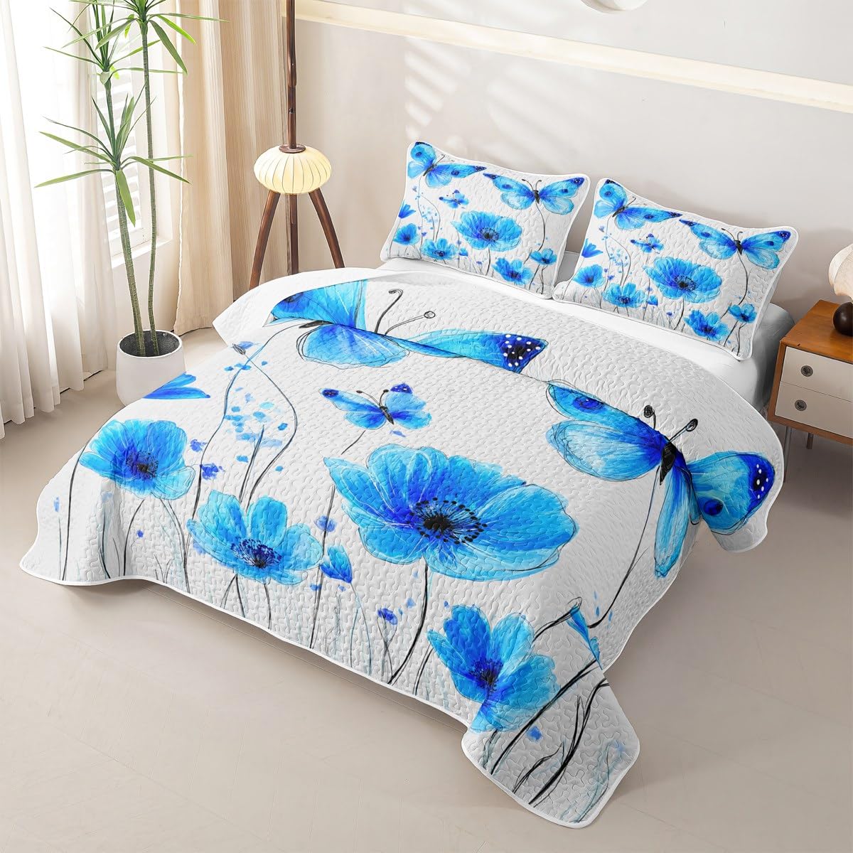 Erosebridal Butterfly Quilt Queen Blue Floral Quilt Set Rustic Flower Quilted Bedspread Retro Vintage Romantic Style Bedding Coverlet