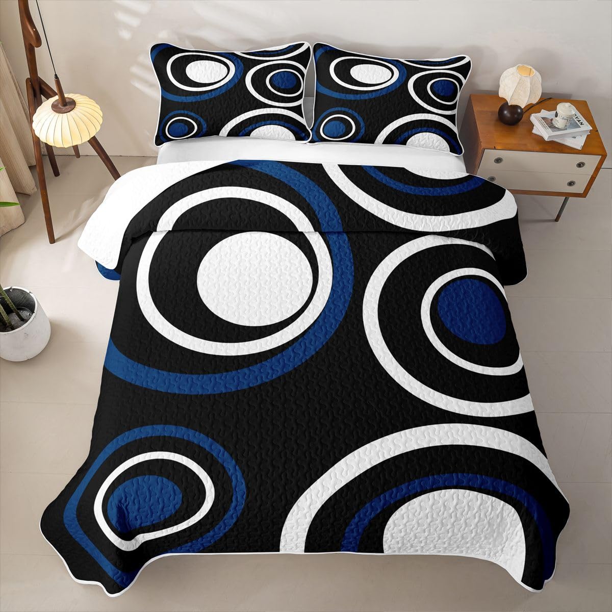 Erosebridal Black Blue Vortex Quilt Set Chic Geometric Abstract Mens Quilt Twin Striped Aesthetic Circles Quilted Bedspread with 1 PillowcaseBoho Modern Coverlet