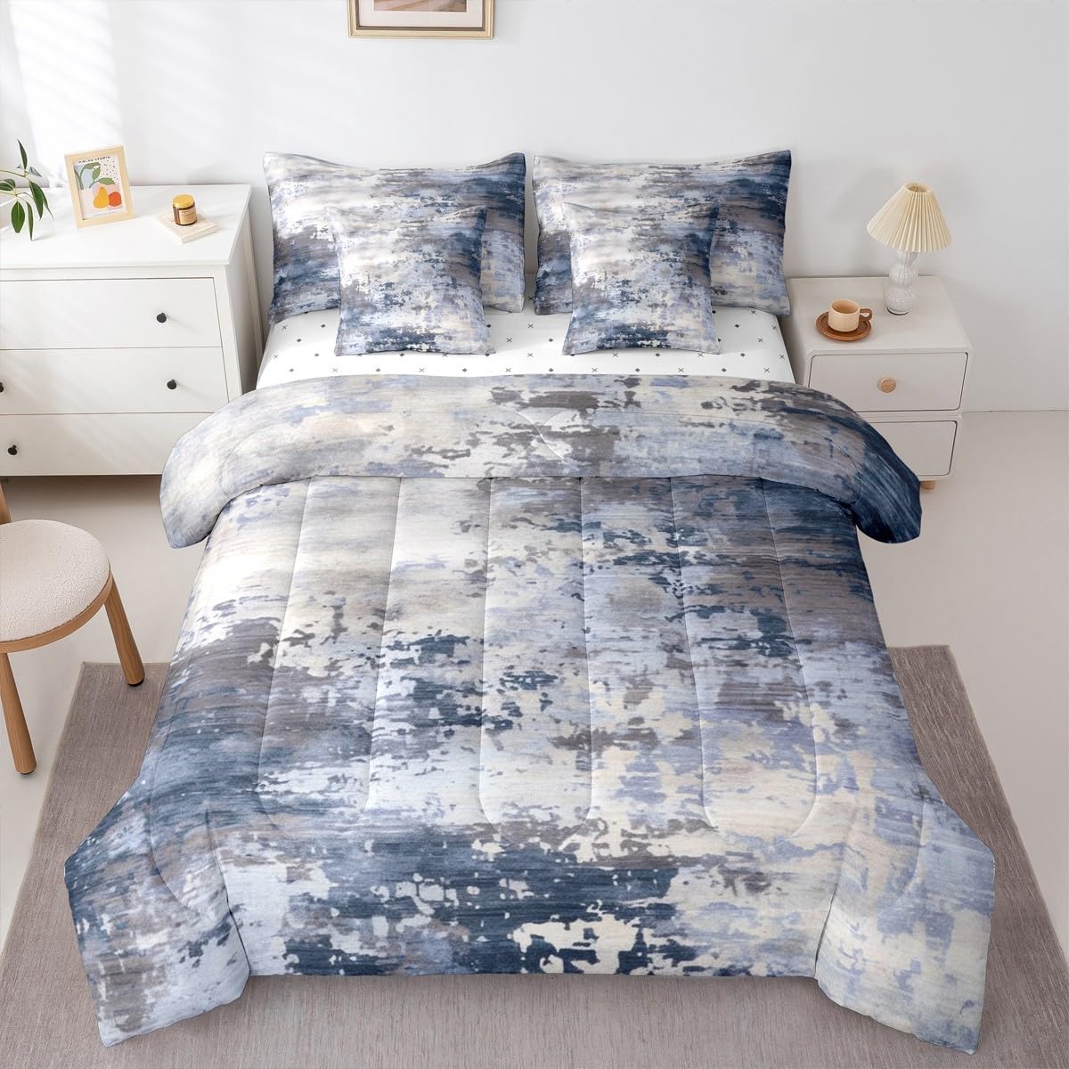 Erosebridal Watercolor Comforter Set 7 Pcs,Modern Abstract Bedding Set for Girls Boys Kids Teens,Navy Blue Tie Dye Ombre Bed in A Bag,Contemporary Grunge Aesthetic Sheet Set (Navy Blue Grey,King)