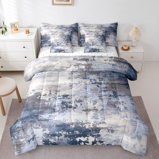 Erosebridal Watercolor Comforter Set 7 Pcs,Modern Abstract Bedding Set for Girls Boys Kids Teens,Navy Blue Tie Dye Ombre Bed in A Bag,Contemporary Grunge Aesthetic Sheet Set (Navy Blue Grey,King)