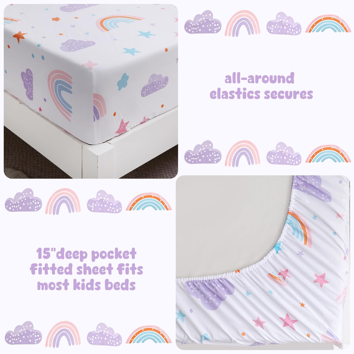Ocharo Full Size Rainbow Bed Sheets for Girls Kids- Soft Microfiber Stars Printed Sheet Set 4 Pieces with Deep Pockets,Breathable & Fade Resistant Purple Pink Clouds Bedding Set