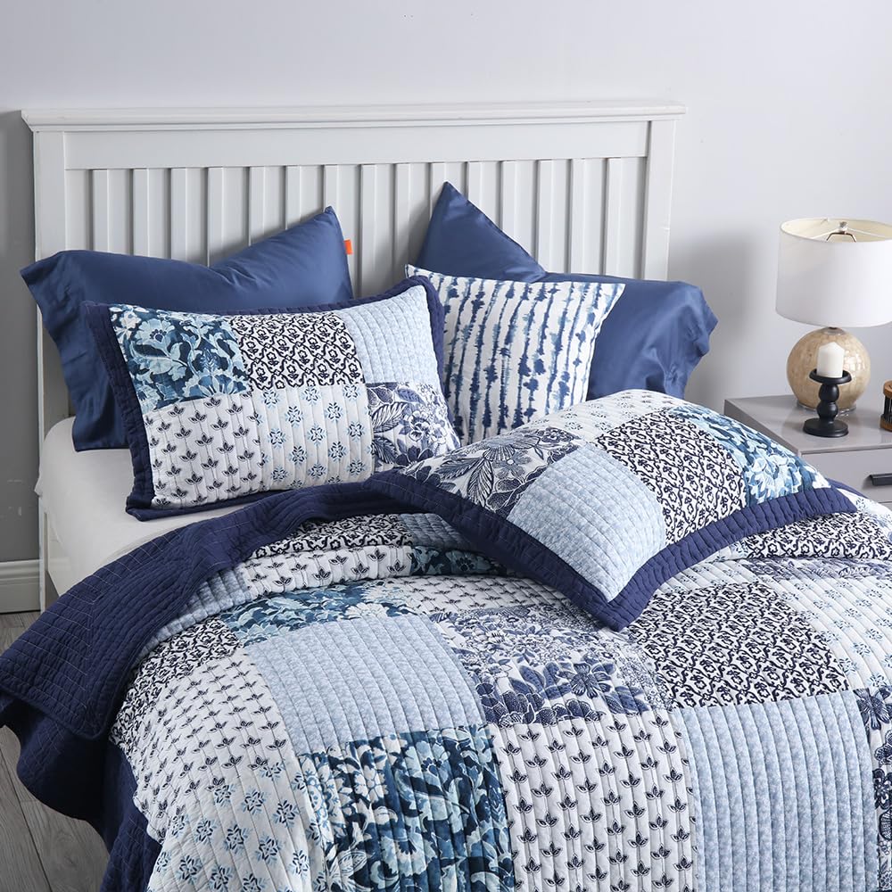 ENASAL Cotton Bedspread Quilt Sets Reversible Bedding Coverlet Sets Luxury Floral White Blue Real Patchwork Bedspread, King Size