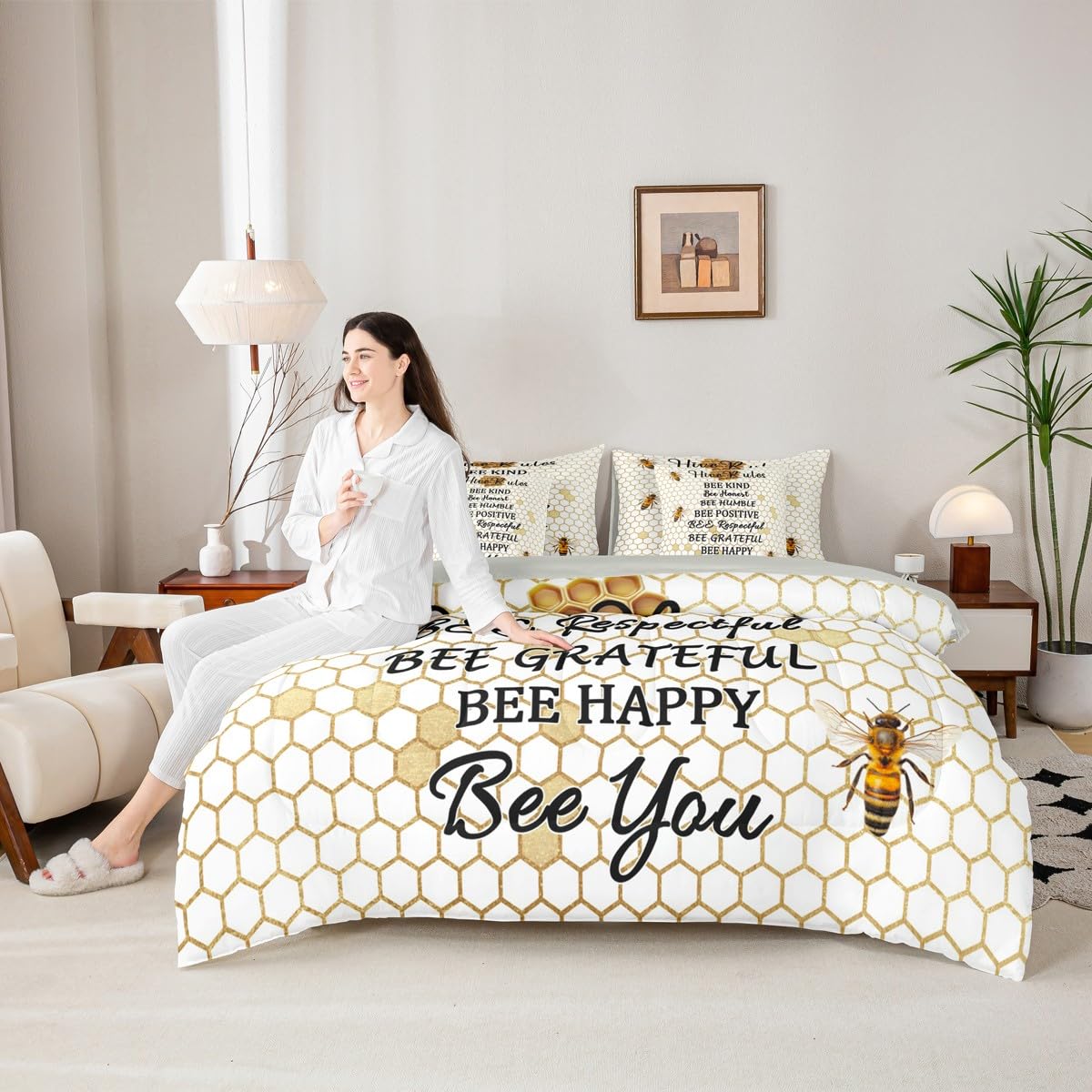 Honeycomb Bed in a Bag Queen Comforter Set 7-Piece | Bee Kind Bee Honest Beehive Bedding Sets Hexagon Geometric Comforter and Sheet Set, Honeybee Bees Funny Hive Rules Room DecorBee Themed Gifts