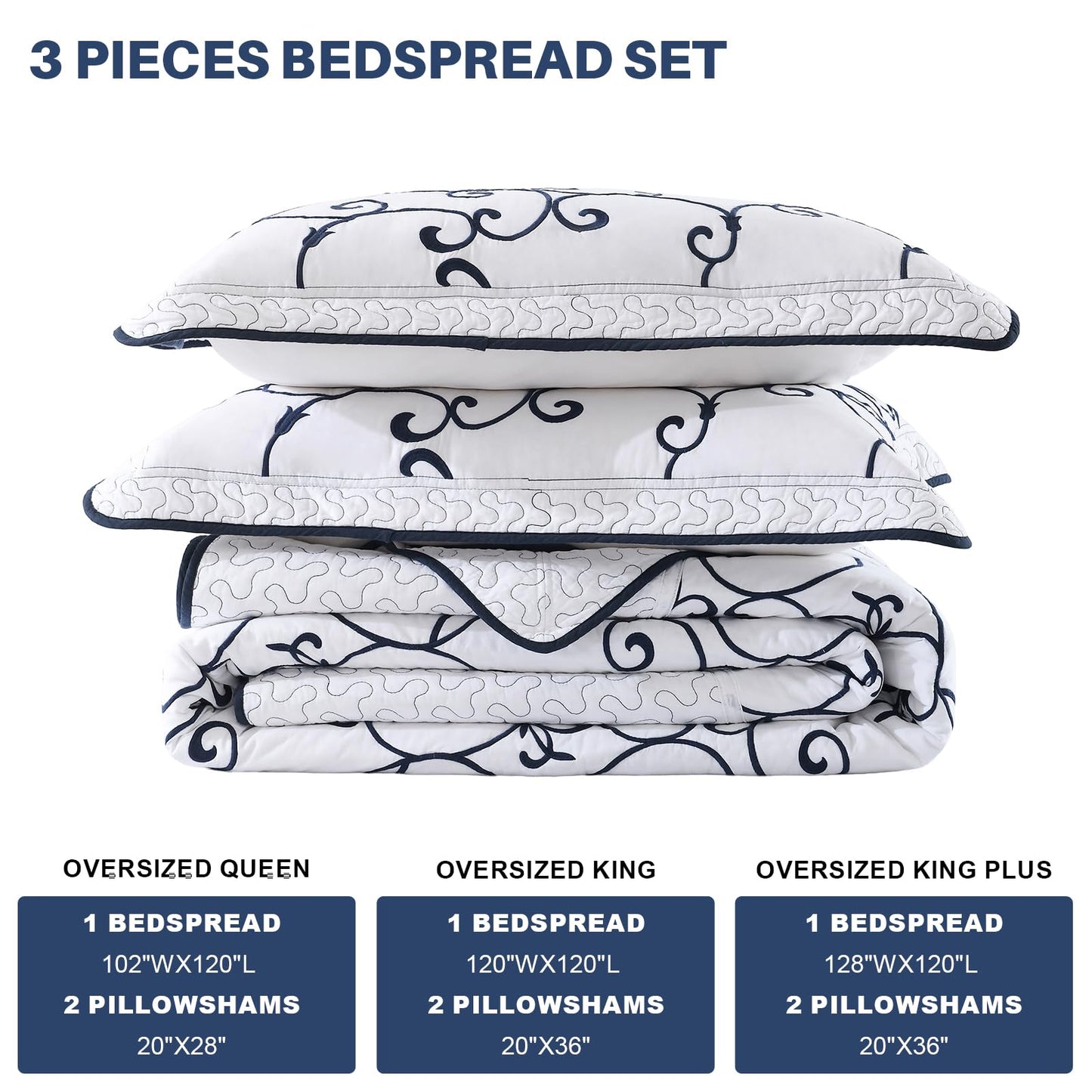 FineStichery Oversized King Bedspread 128"x120" - 100% Cotton California King Quilt, Embroidered Bedspread Coverlet with Pillow Shams, Lightweight Quilted Bedding Set 3 Piece, Navy Blue/White