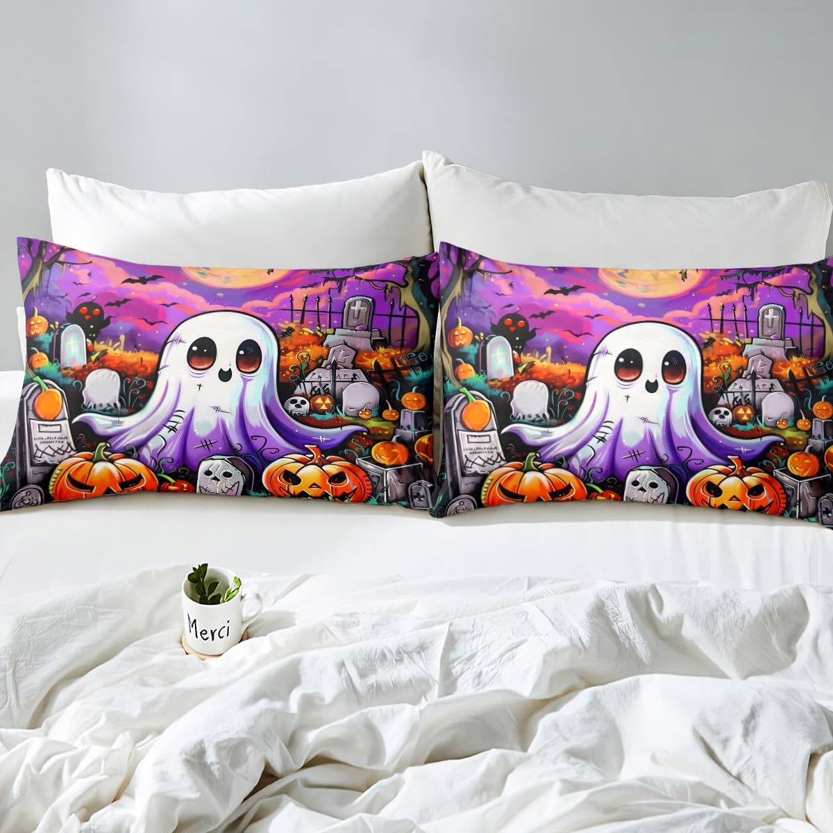 Kids Kawaii Ghost Fitted Sheet 3 Pcs,Cartoon Halloween Theme Soft Microfiber Sheets Breathable Bedding,Purple Moon Night Cute Decor Bedsheet with Deep Pocket