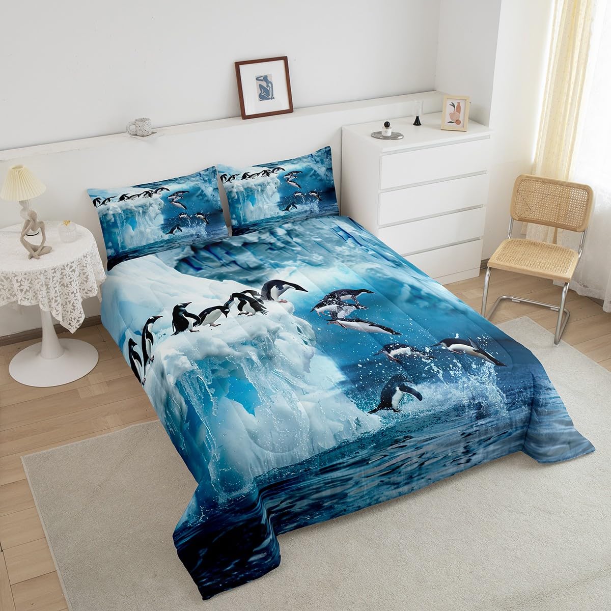 Feelyou Penguin Comforter Queen, 3 Pieces(1 Comforter, 2 Pillowcase), Cute Polar Animal Bedding Set for Boys, Girls, Kids, Teens, Adults