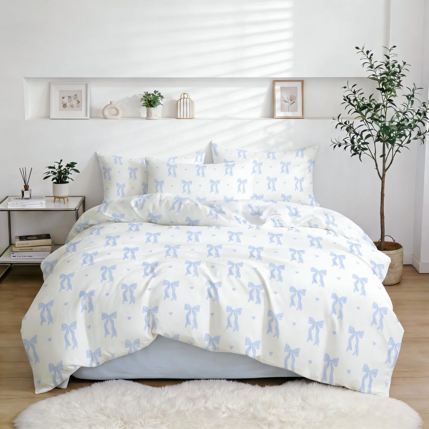 Sedefen Blue Bow Duvet Cover, 3 Pieces Cute Heart Pattern Bedding Set, Reversible Coquette Aesthetic Bowknot Love Printed Duvet Cover Set for Girls Bedroom, All Season