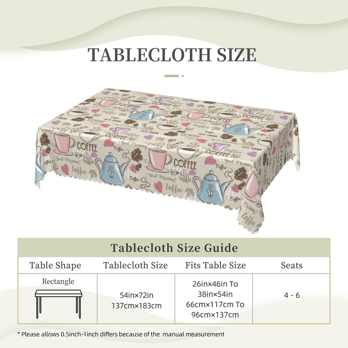 LALIMEYA Coffee Print Tablecloth Beans Polka Dot Rectangle Table Cloth Colorful Tea Cup Heart Doodles Themed Washable Table Cover with Wavy Edging Suitable for Party Dinner 54×72 Inch