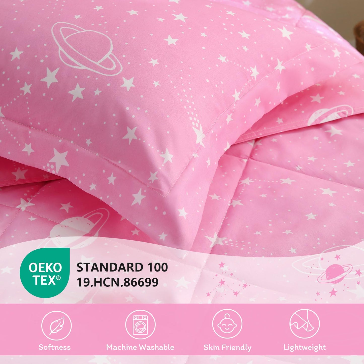 JSD Gradient Pink Stars Kids Comforter Set Twin Size, 2 Piece Space Theme Girls Printed Microfiber Bedding Set, Machine Washable