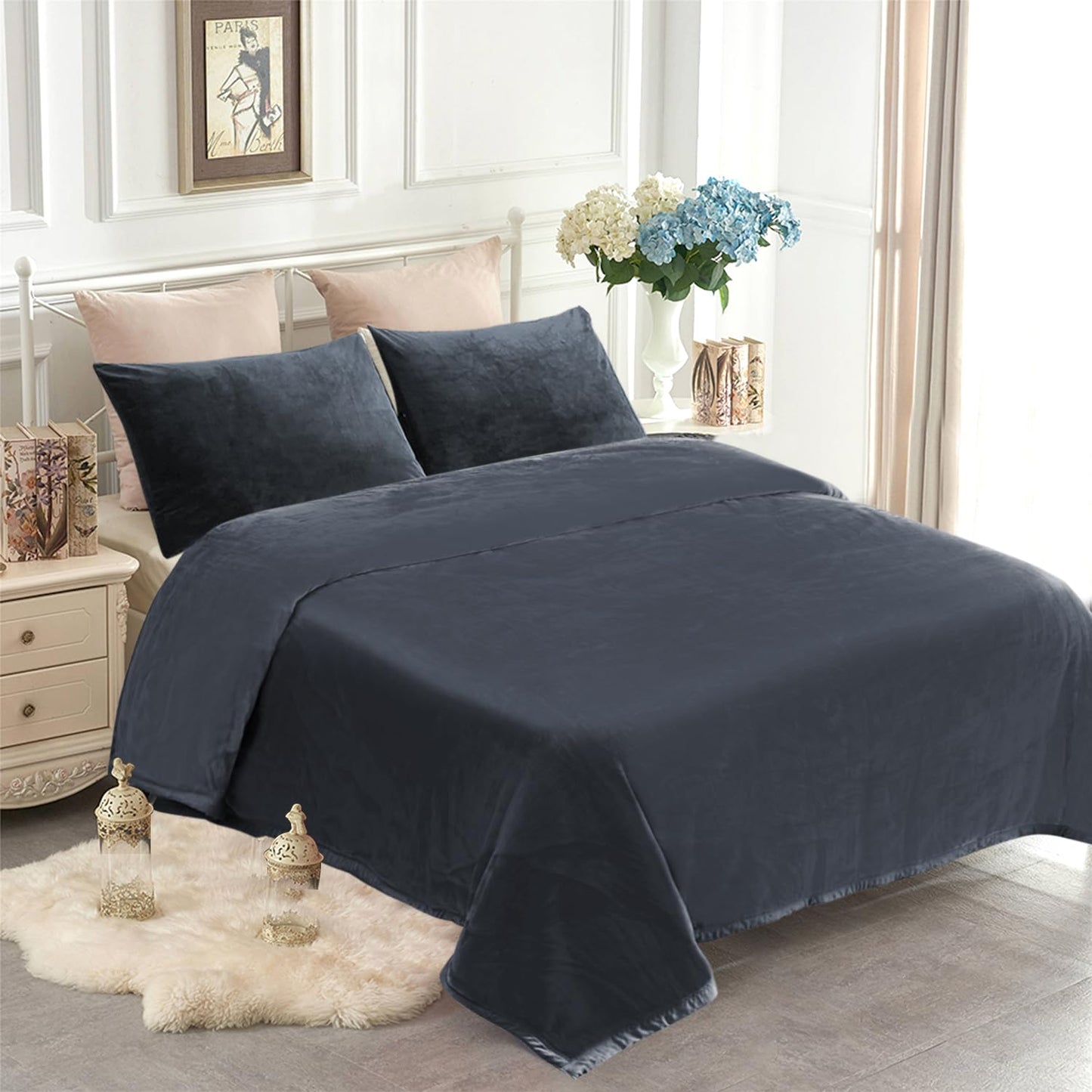 JYK Korean Style Mink Fleece Blanket Queen 3.5 LB, 1 Ply Extra Soft,Lightweight Flannel Blanket,Breathable Plush Fuzzy Cozy Queen Blanket for Couch Sofa Bed Camping 79x91 Inches, Dark Grey