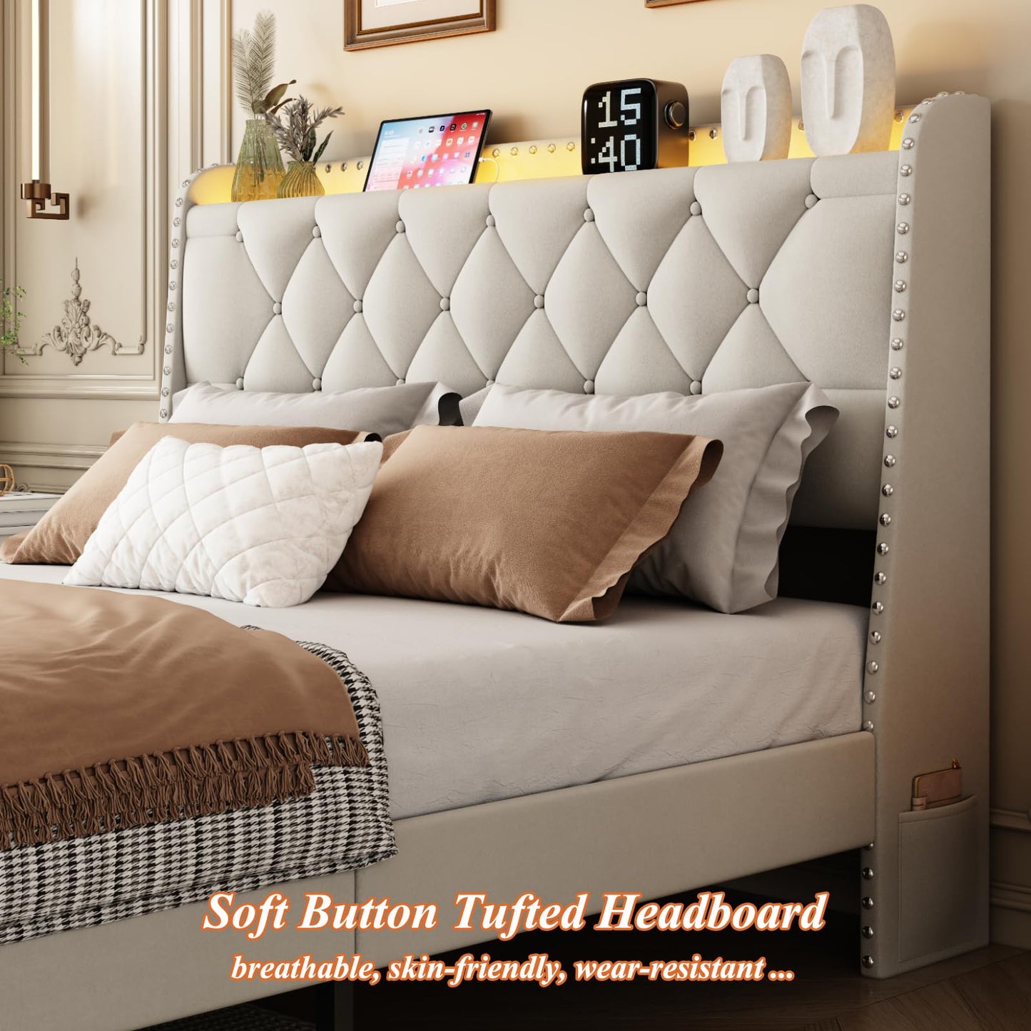 Full Size Bed Frame with Storage Headboard and 2 Drawers, Upholstered Button Tufted Bed Frames Full with Led Lights and Handy Charging Station, No Box Spring Needed, Easy Assembly, Noise Free, Beige