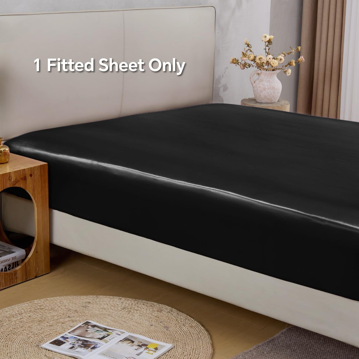 BEDELITE Satin Fitted Sheet Queen Size with Elastic Corner Straps, Luxury Soft Silk-Like Bed Sheet for Hair & Skin, 1 Deep Pocket Fitted Sheet Only Fits 15" Mattress, Fade & Wrinkle Resistant, Black