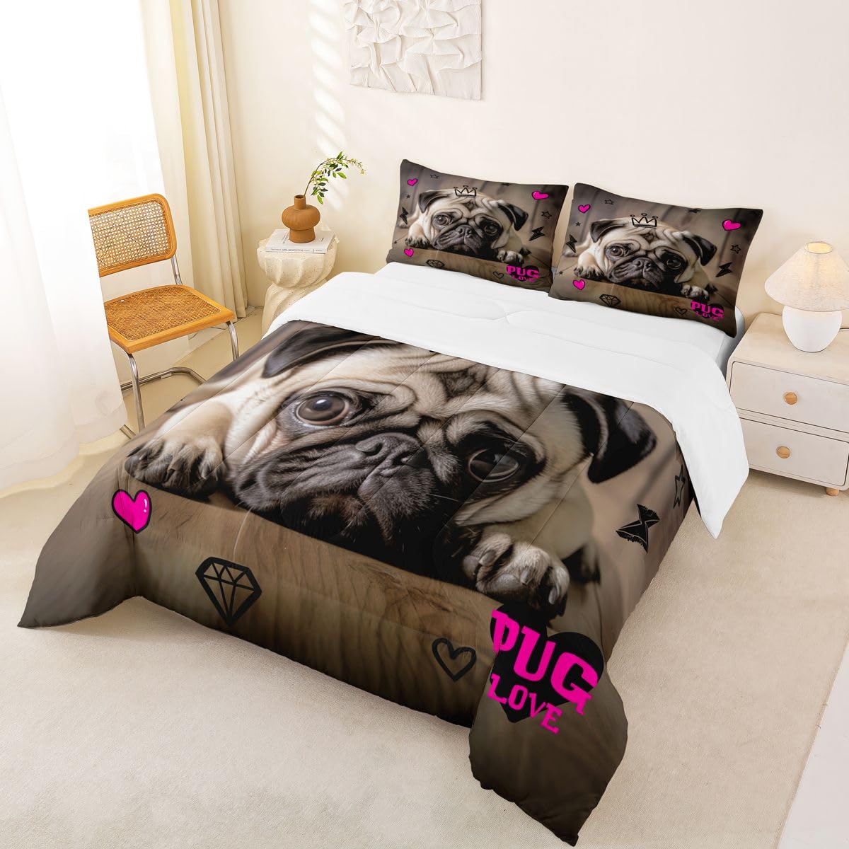 Manfei 3D Pug Comforter Set Twin Size Cute Pug Puppy Dog Bedding Set 2pcs for Kids Boys Girls Room Decor, Animal Theme Quilt Set Pink Hearts Lightning Star Print Duvet Set with 1 Pillowcase