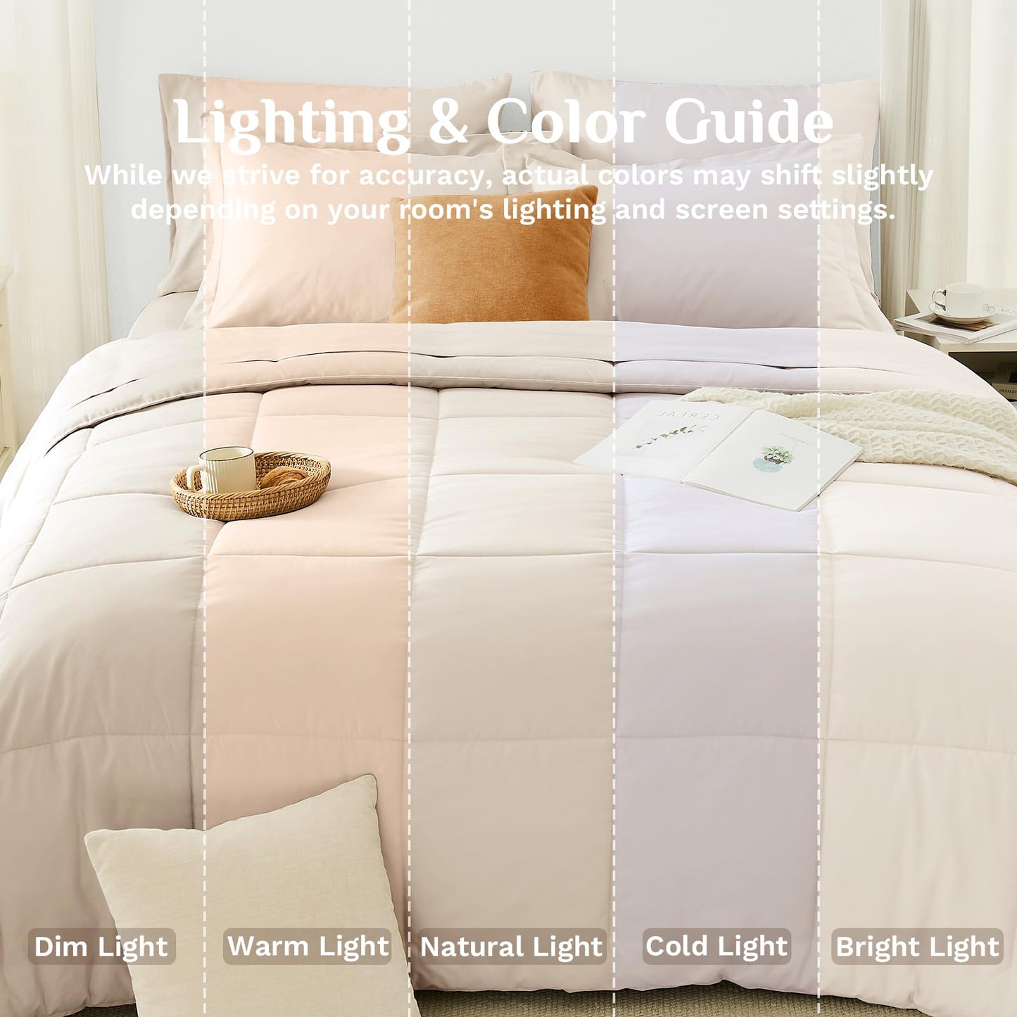 JOLLYVOGUE Queen Comforter Set, Ultra-Soft Bed in a Bag Queen Size 7 Pieces, Oeko-TEX Certified Bedding Set with Down Alternative Comforter, Sheets, Pillowcases & Shams, Beige