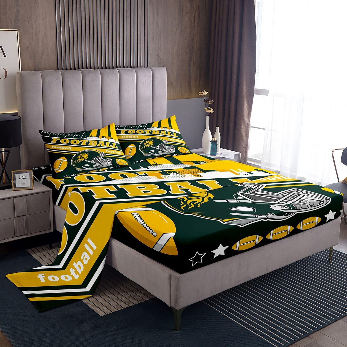 Feelyou Football Bed Sheets Set Boys Teens Twin Size Women Men Rugby Sports Bedding Set Football City Fitted Sheet with 16 Inch Deep Pockets