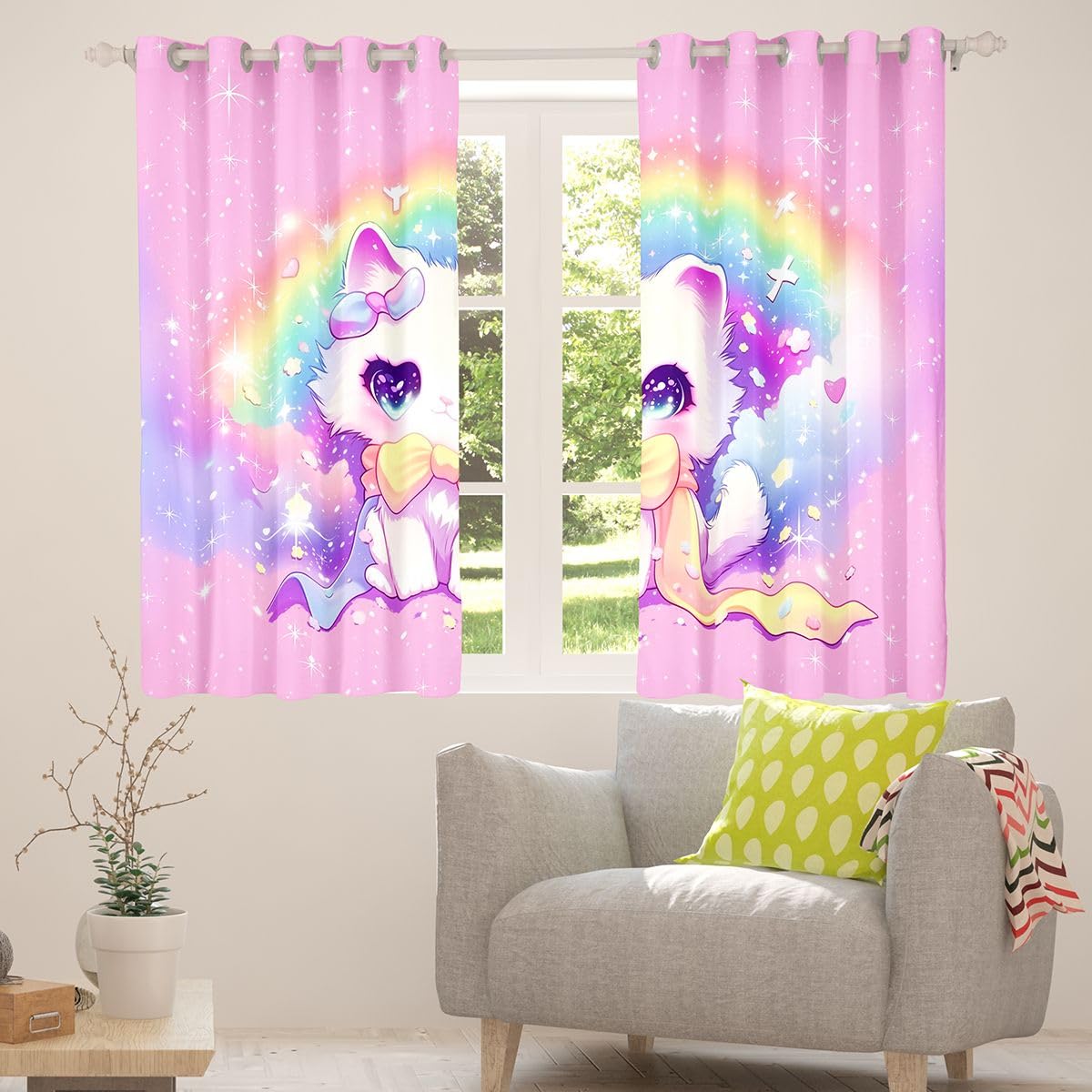 Feelyou Pink Cat Curtains for Bedroom Living Room Cute Kitten Blackout Shades Cute Animal Room Darkening Curtain Cat Lover's Gift Window Treatments, 2 Panels 42 x 84 Inch