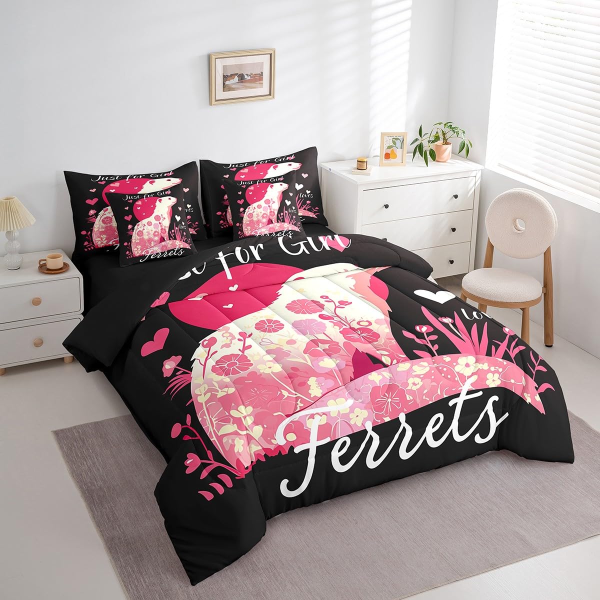 Erosebridal Ferret Comforter Set 7 Piece Bed in a Bag Twin,Abstract Flower Guinea Pig Bedding Sets Lovely Cavy Comforter and Sheet Set,Boho Floral Cute Animal Bed Set