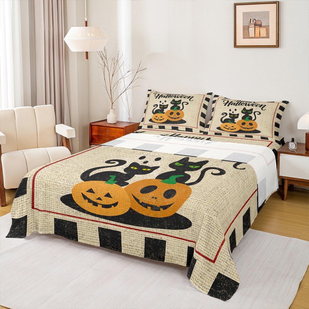jejeloiu Pumpkin Bed Sheets Set Queen Size Halloween Decor Bed Set Black Cat Deep Pocket Fitted Sheet Spooky Halloween Pattern Breathable Soft Lightweight Microfiber