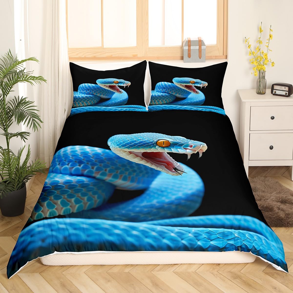 Feelyou 3D Snake Comforter Cover Set for Kids Boys Teens Green Snake Duvet Cover 3D Reptile Print Bedding Set Wild Animal Quilt Cover,Room Decor 3Pcs Bedding King Size