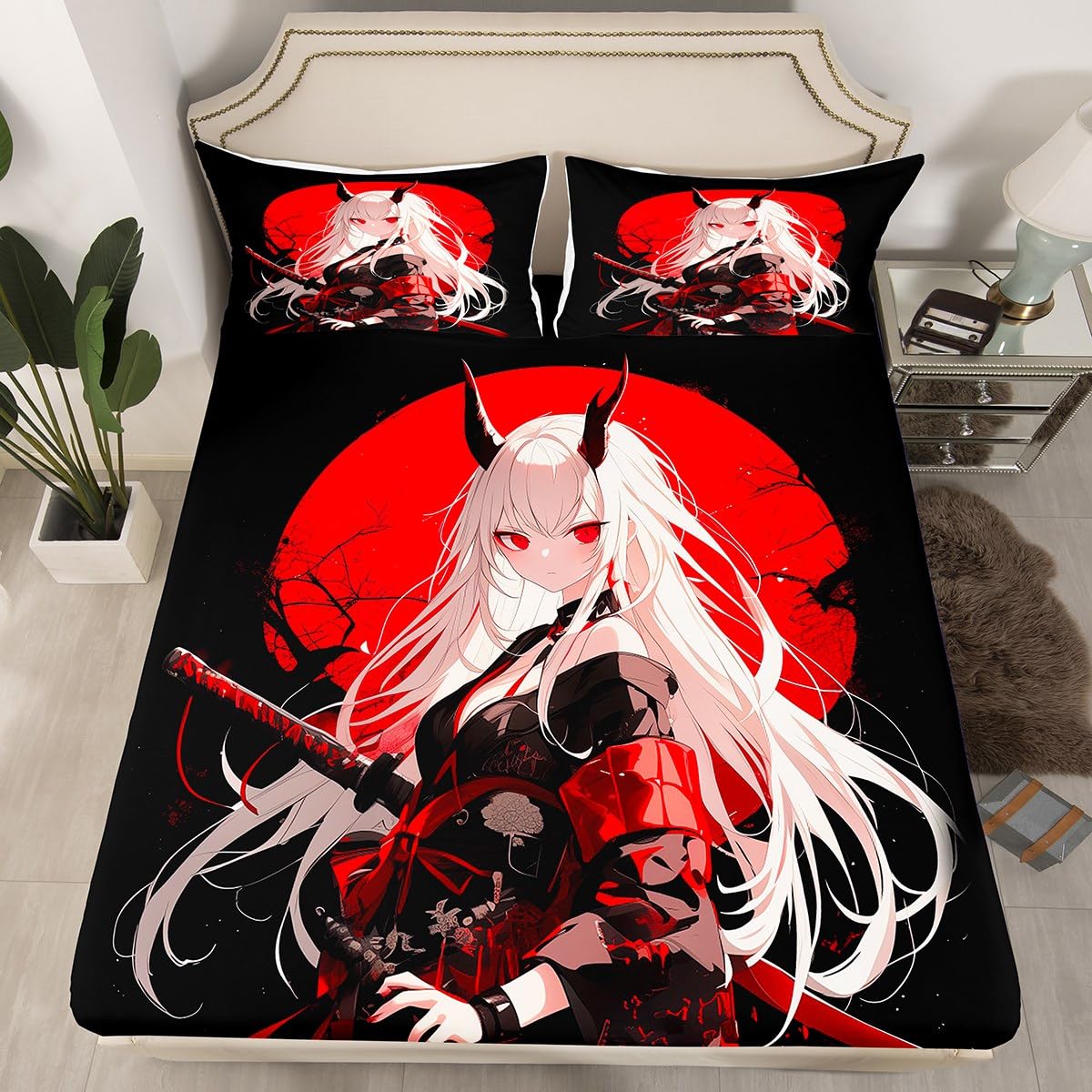 Erosebridal Full Japanese Anime Bedding Set for Kids, Anime Girl Bed Sheets Kawaii Japanese Style Fitted Sheet Cartoon Japan Animation Bed Set for Boys Teen Adult Women Bedroom,Red Black