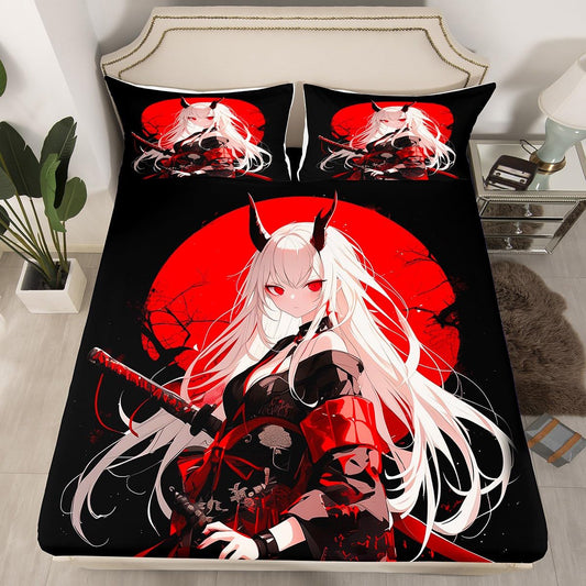 Erosebridal Queen Japanese Anime Bedding Set for Kids, Anime Girl Bed Sheets Kawaii Japanese Style Fitted Sheet Cartoon Japan Animation Bed Set for Boys Teen Adult Women Bedroom,Red Black