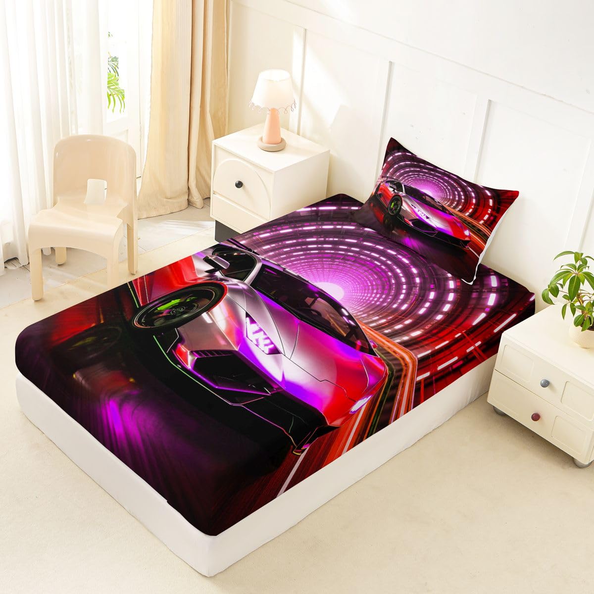 Feelyou Boys Sports Car Fitted Sheet with 1 Pillowcase Twin Size Pink Racing Car Bed Sheets Set 16" Deep Pocket Boys Girls Extreme Sports Bedding Teens Bedroom Decor Breathable Soft Lightweight