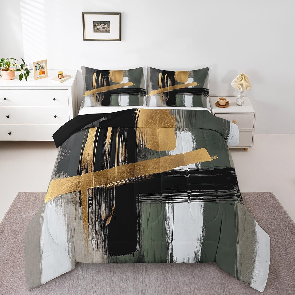 Feelyou Kids Abstract Art Comforter Set Queen Size Geometric Duvet Quilt for Boys Girls Teens Gold Modern Art Bedding Set Bedroom Decor Breathable Soft Lightweight Microfiber 3Pcs