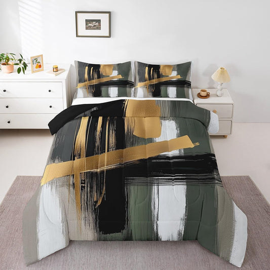 Feelyou Kids Abstract Art Comforter Set Queen Size Geometric Duvet Quilt for Boys Girls Teens Gold Modern Art Bedding Set Bedroom Decor Breathable Soft Lightweight Microfiber 3Pcs