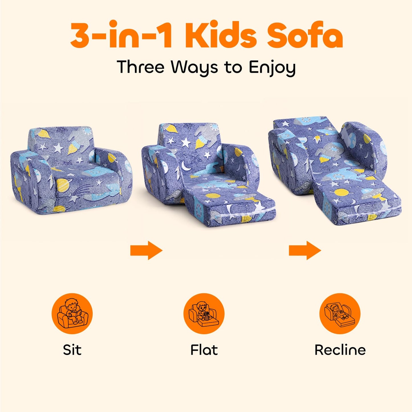LZNIOZ 3-in-1 Kids Couch, Toddler Chair Comfy 1-3 Years Old, Kids Fold Out Couch with Blanket, Convertible Sofa to Lounger for Girls and Boys Reading, Playing, Napping - Blue