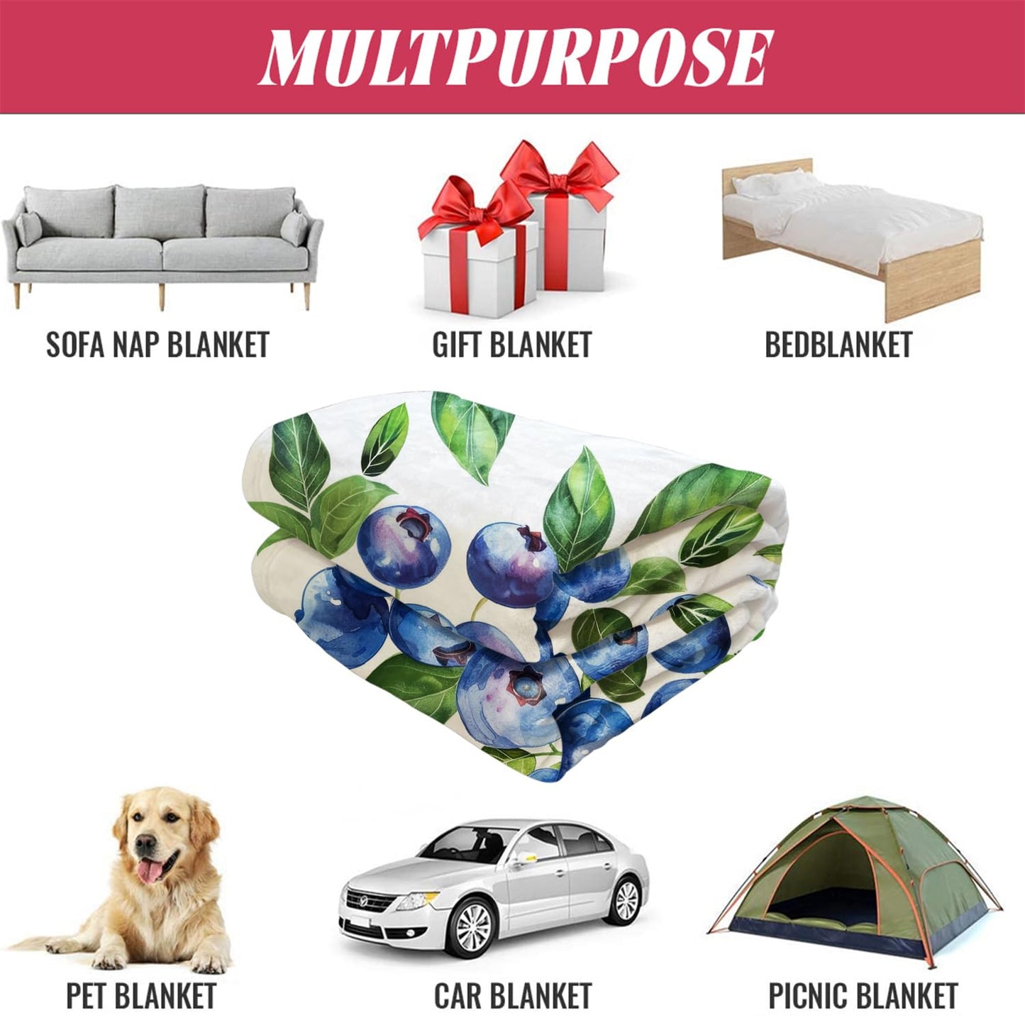 XSMEI Blueberry Pattern Throw Blanket, Decorative Fleece Blanket with Fresh Fruit Design, Super Soft Warm and Cozy, Gifts for Women Girls Kids, 50" x 60"