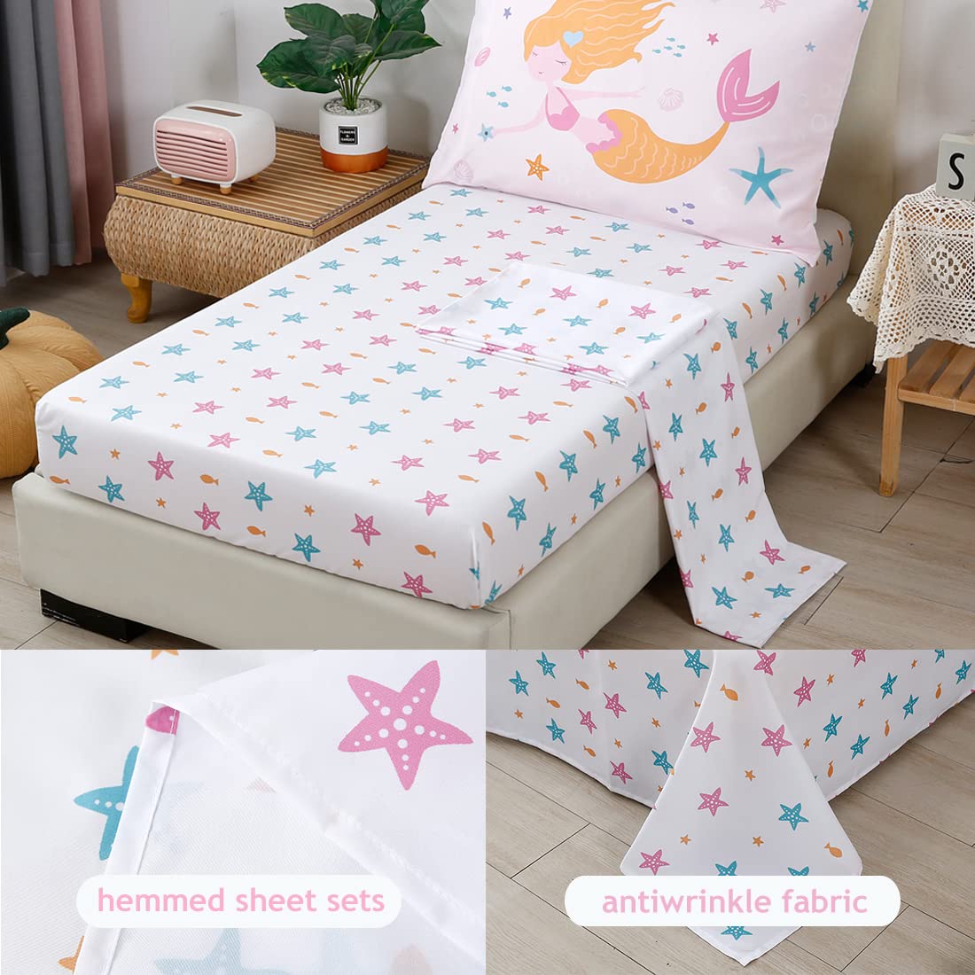 PERFEMET Toddler Bedding Sets Girls 4 Pieces Pink Mermaid Toddler Bed in A Bag Soft Reversible Blush Toddler Bed Set Include Comforter, Flat Sheet, Fitted Sheet, Pillowcase