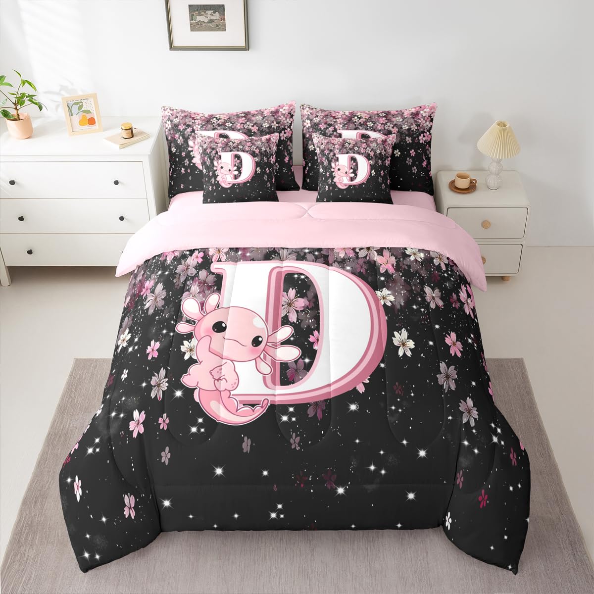 Erosebridal Japanese Cherry Blossom Bed in A Bag (Twin Size,7 Pieces) Cute Initial Axolotl Comforter Set with Sheets for Teen Girl Pink Axolotl Bedding Set with Letter D Design Monogram Duvet Insert