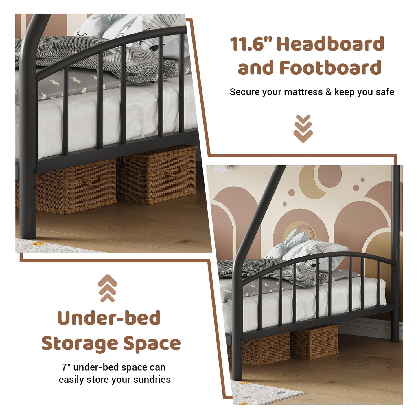 Garvee Bunk Bed Twin Over Full with Ladder and Arched Guardrail, Heavy Duty Bunkbeds Frame with Sturdy Steel Slats Support for Kids Boys Girls, Space-Saving, No Box Spring Needed, Black