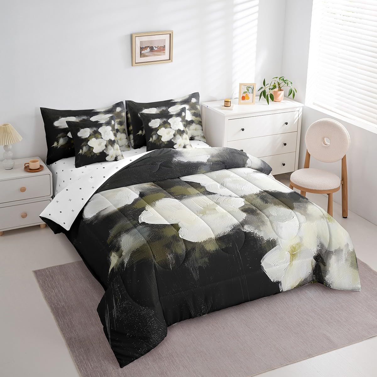 Erosebridal Oil Painting Flower Bedding Set for Kids Teens,Abstract Art Comforter Set Full Size,White Daisy (Comforter+Fitted+Flat Sheet+2 Pillowcases+2 Throw Pillow Covers) 7 Pieces Bed Set
