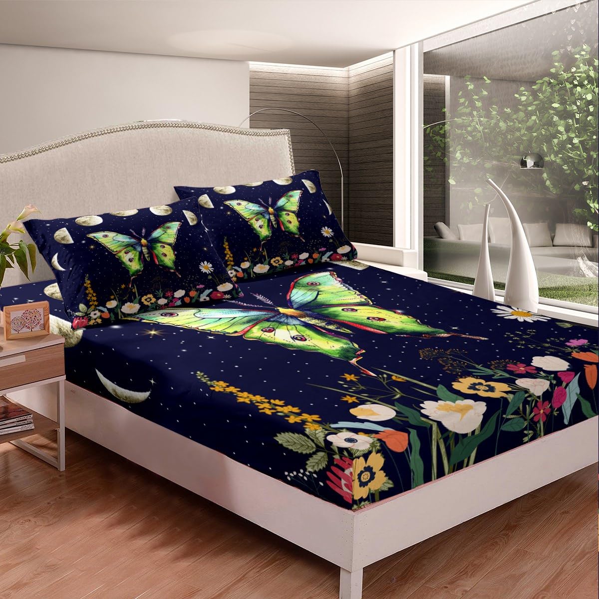 Erosebridal Boho Moth Twin Bedding Set, Moon and Stars Galaxy Fitted Sheet for Kids Girls Boys, Bohemian Wildflower Bed Sheets, Rustic Country Floral Bed Set Room Decor, 1 Pillowcase (No Flat Sheet)