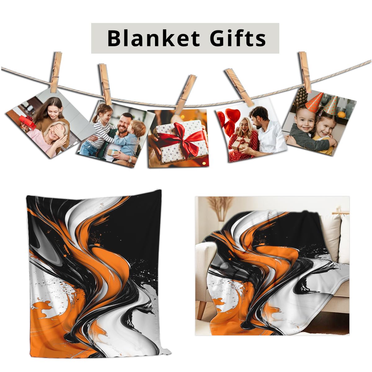 HUNXIAOJ Orange Blanket Throw for Couch Bed Abstract Print Blanket Soft Flannel Bedding Modern Bedroom Home Decor (49"x59")