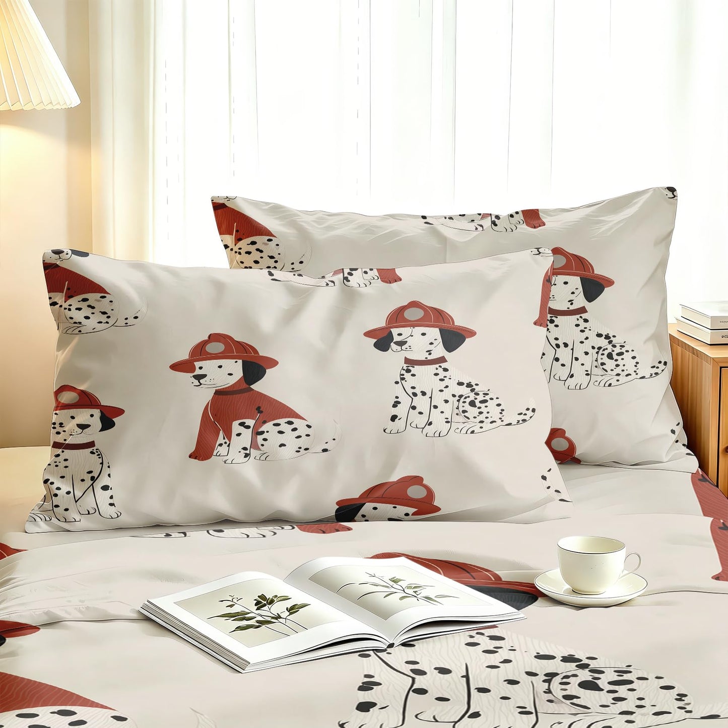 Firefighter Dog Twin Bedding Set Dalmatian Sheet Sets, Red Beige
