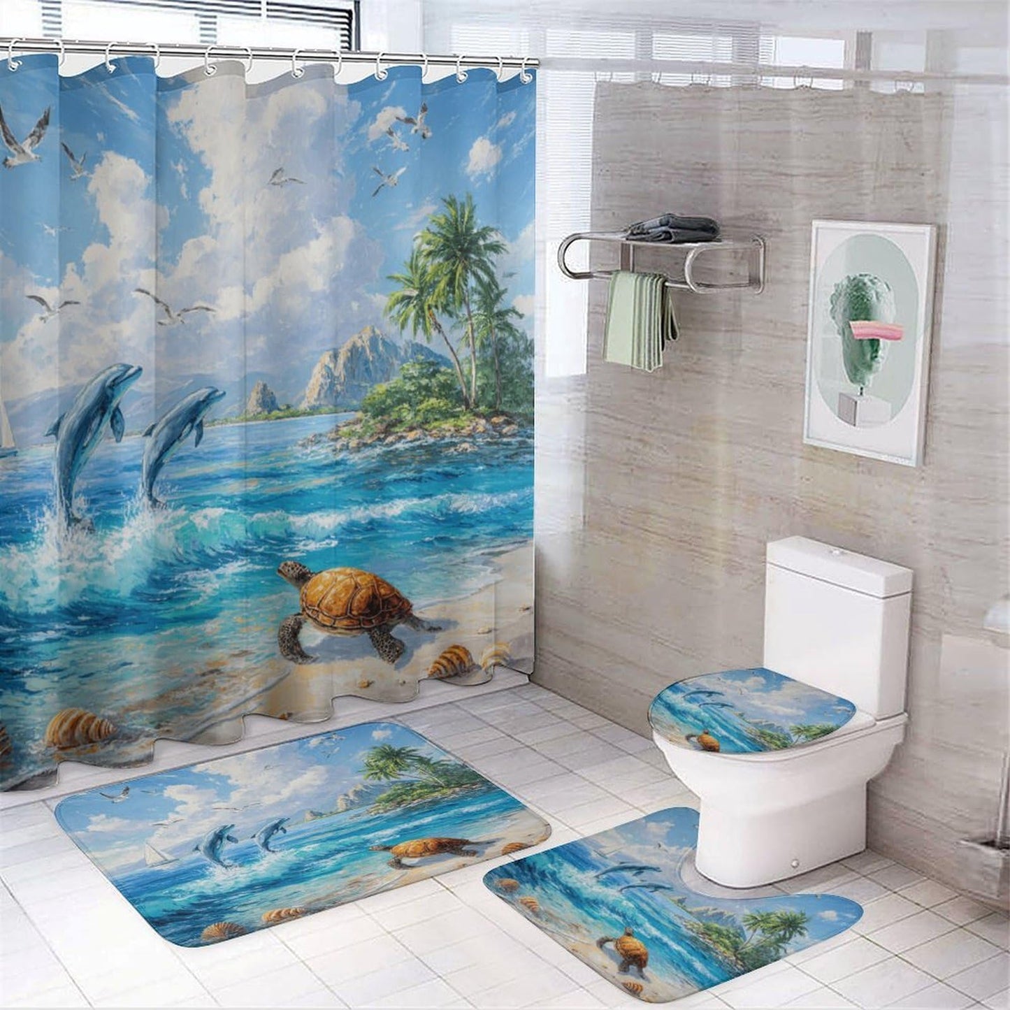 INSFBRB Rustic Colorful Dolphin Shower Curtain Sets with Rug,Toilet Lid Cover and Bath Mat,Beautiful Oil Painting Palm Nautical Seagull Ship Ocean Sea Turtle 4 Piece Bathroom Set