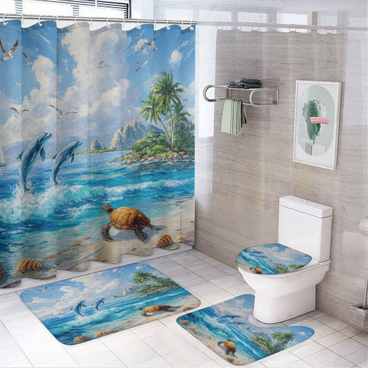 INSFBRB Rustic Colorful Dolphin Shower Curtain Sets with Rug,Toilet Lid Cover and Bath Mat,Beautiful Oil Painting Palm Nautical Seagull Ship Ocean Sea Turtle 4 Piece Bathroom Set