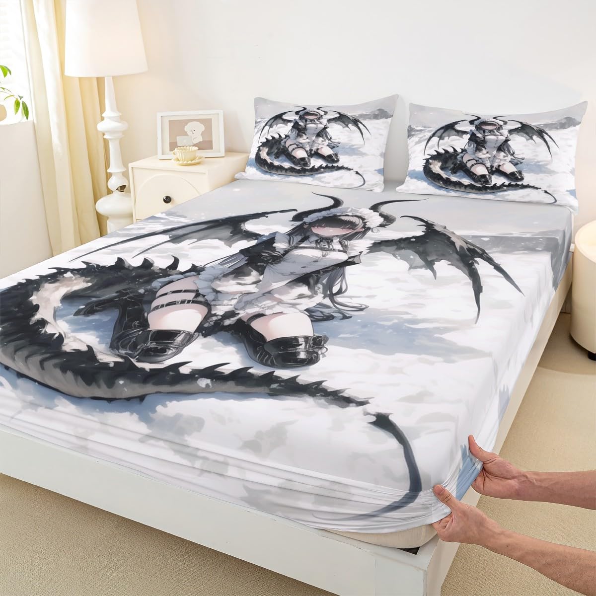 Erosebridal Anime Girl Bed Sheets Full, Japanese Anime Bedding Set for Kids Girls Teens Women Bedroom, Cartoon Girl Fitted Sheet Japanese Animation Sci Fi Style Sheets,2 Pillow Cases