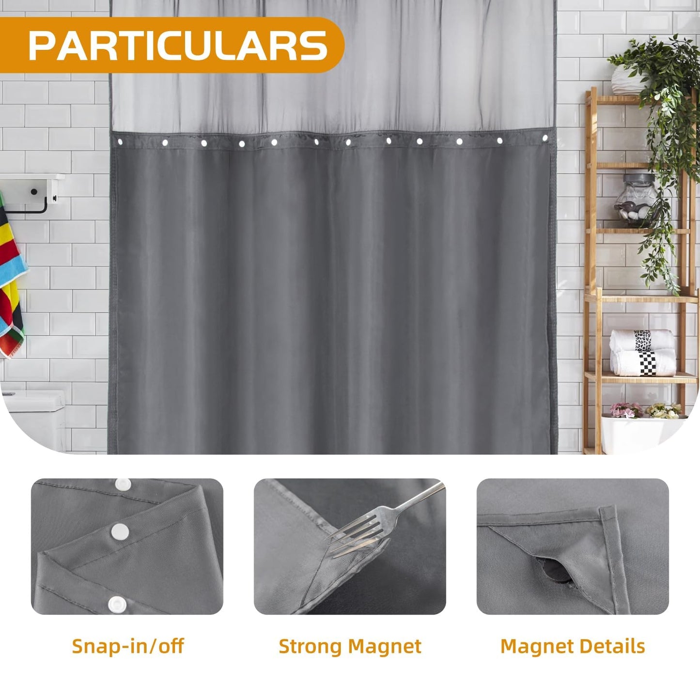 eachope 1 Pack Fabric Snap-in Shower Curtain Liner Replacement,Compatible with No Hook Shower Curtain with Snap in Liner, Removable & Water-Repellent,Machine Washable,70x57,Grey