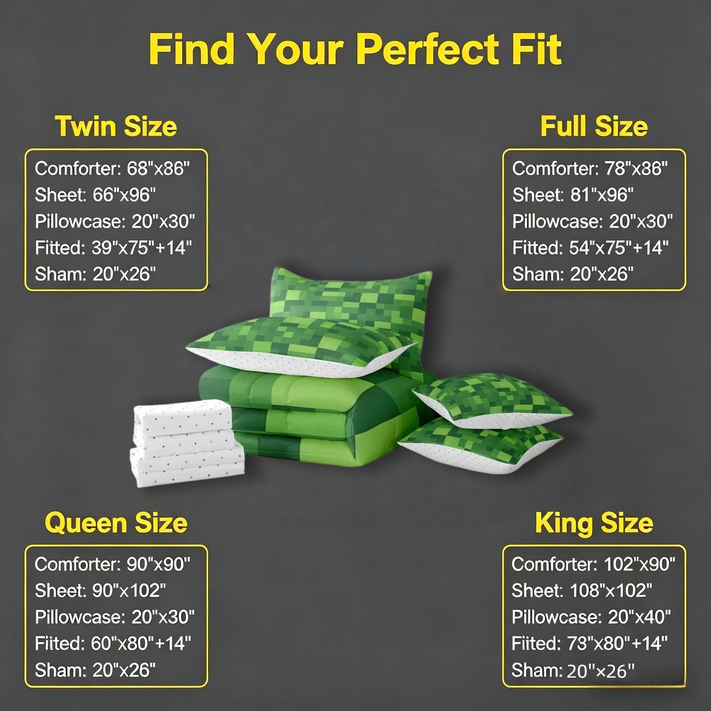 Feelyou Pixel Theme Twin Comforter Set with Sheets for Kids Boys Girls Geometric Square 7 Pieces Bedding Set Gamer Bed in a Bag Mosaic Room Decor Green Soft Lightweight Microfiber