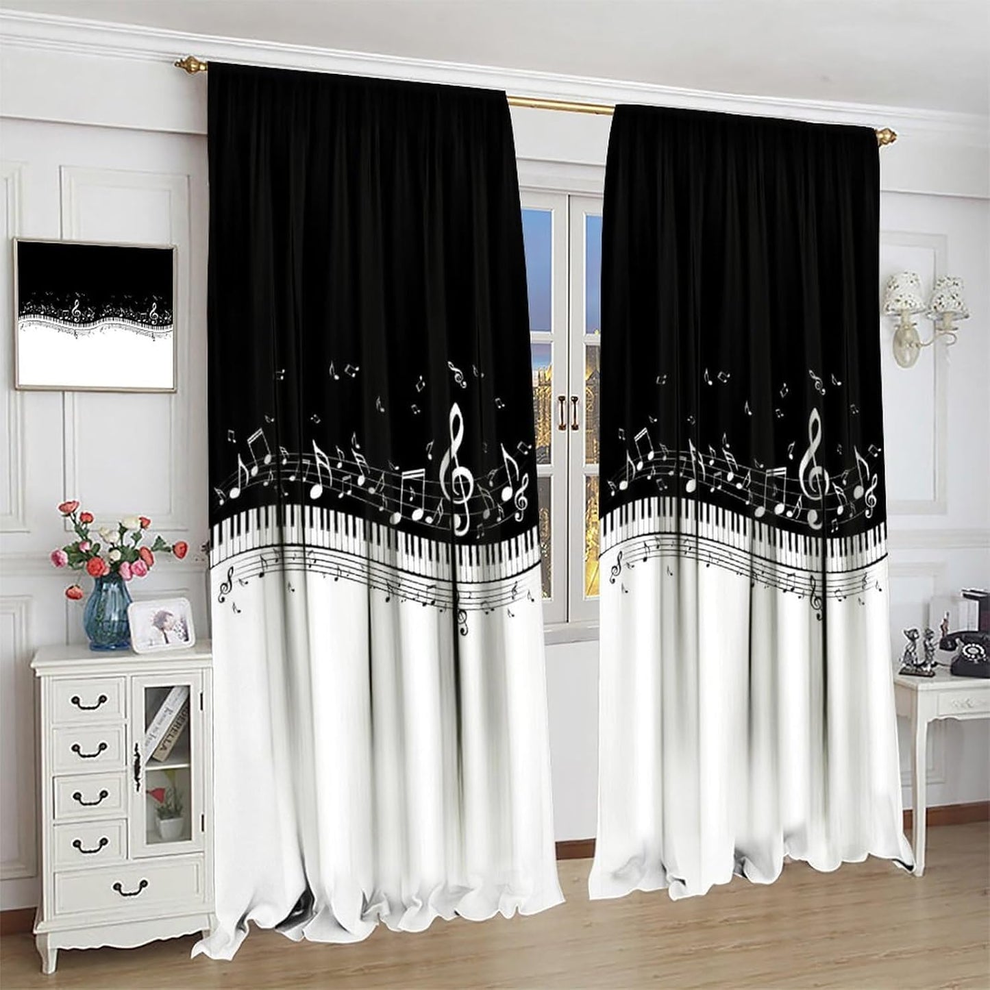 HZOHNAGO Music Curtain Black and White Musical Notes Piano Key Pattern Blackout Print Rod Pocket Window Drapes for Bedroom Living Room 42x45in