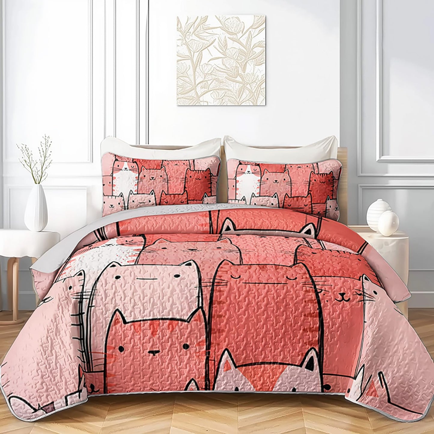 AILONEN Full Quilted Comforter 3 Piece Set, Kawaii Kitten Bedspread Coverlet with 2 Pillowcases, Breathable Coral Pet Bedding for Teens Guest Apartment Playful Feline Sketchy Style