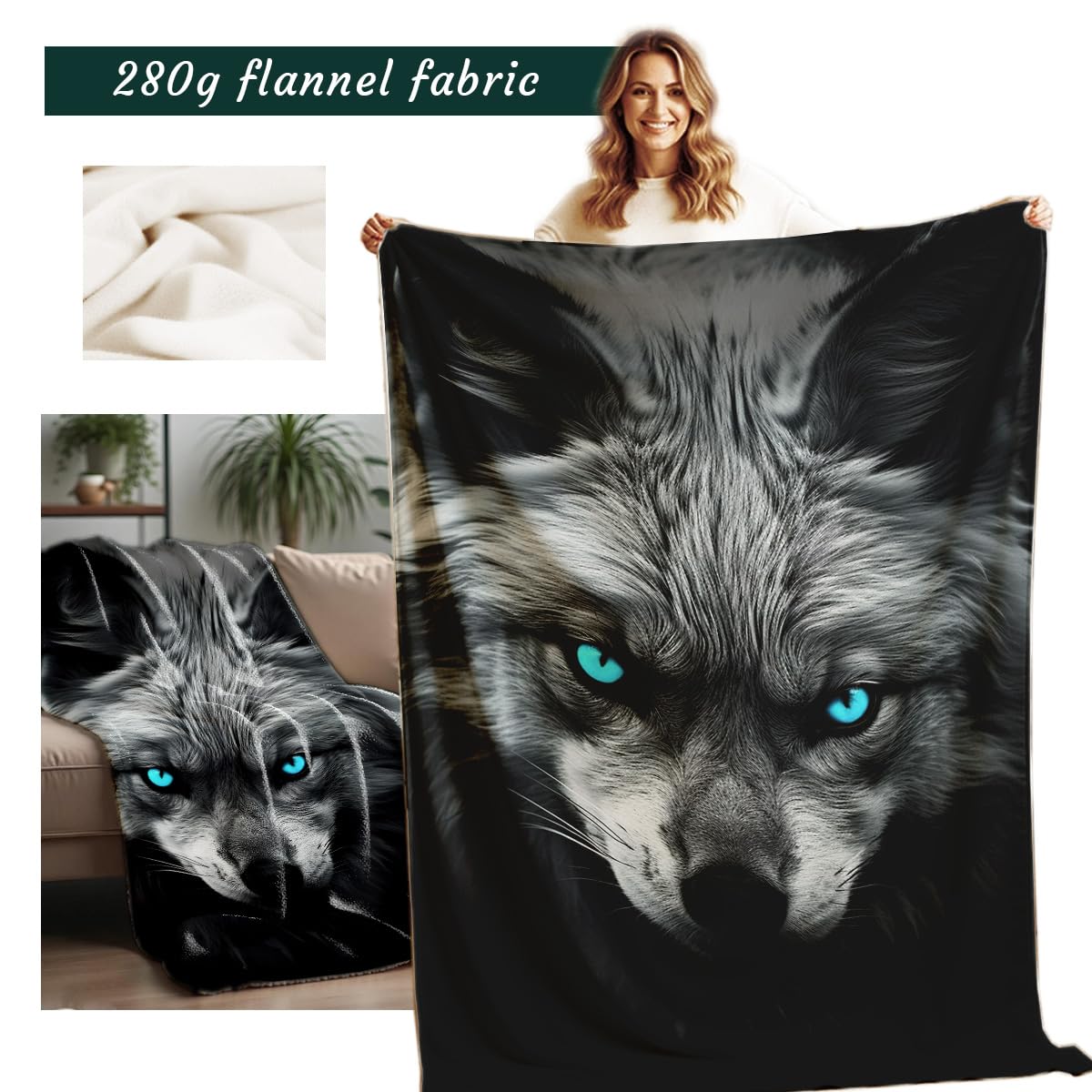 HUNXIAOJ Printed Bed Blanket Black and Blue Wild Animal Throw Fox Flannel Blankets Queen Size Blankets for Men Boy Bed Sofa Office Chair Blanket (49"x59")