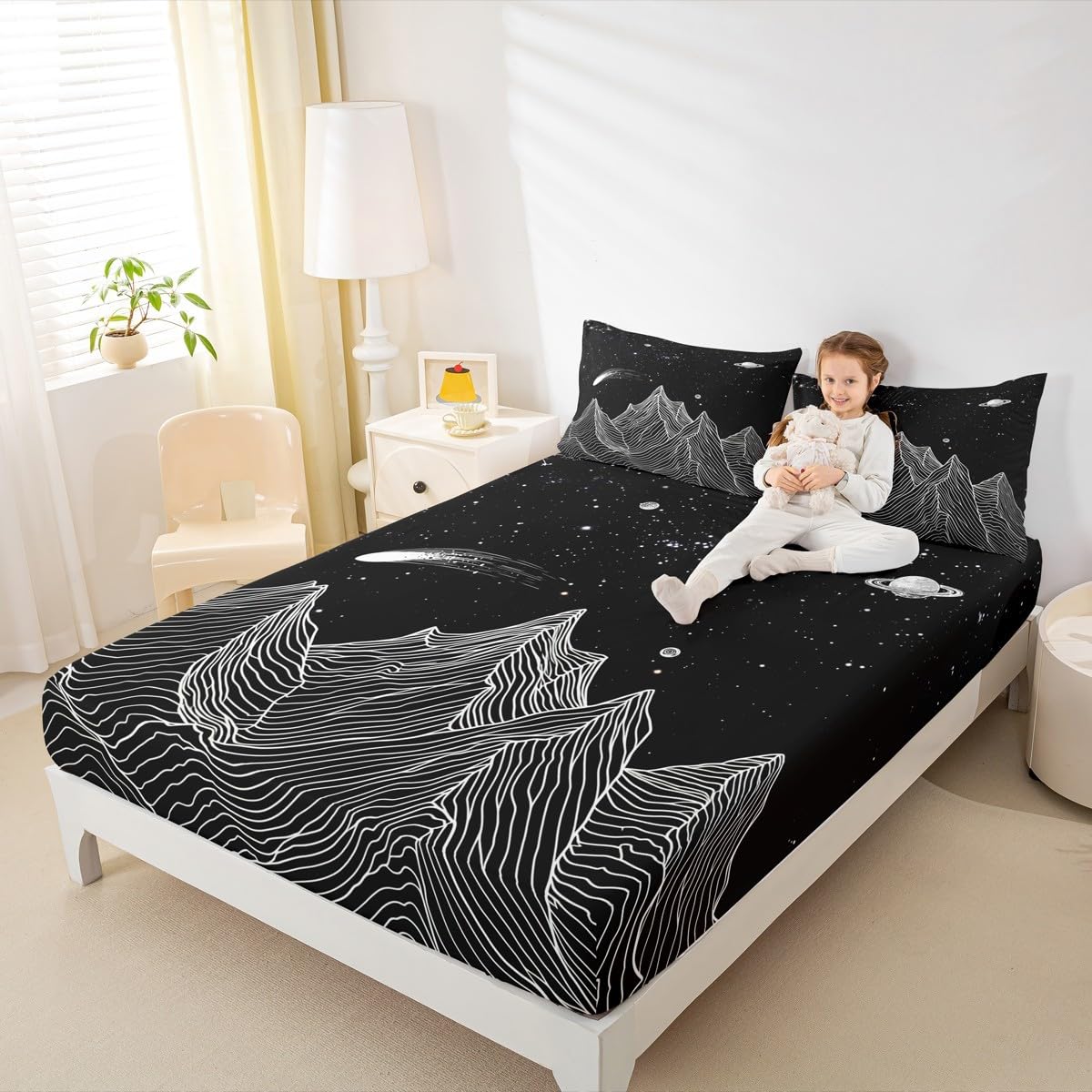 Homewish Mountain Fitted Sheet,Full Size Starry Sky Collections Boho Galaxy Theme,Soft Decorative Fabric Bedding Deep Pocket for Children Teens Young Boys Girls,with 2 Pillowcases