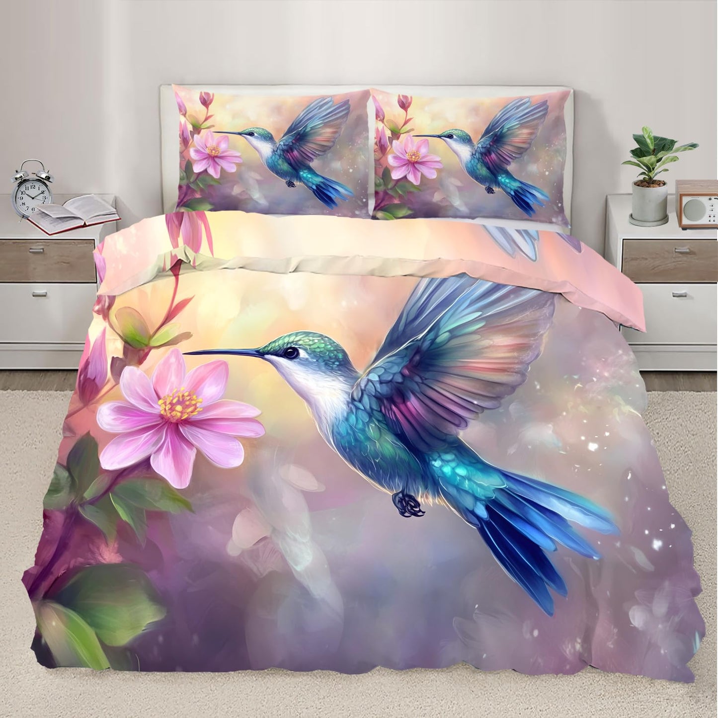 PAISUOQ Hummingbird Bedding, Rustic Paintings Duvet Cover Full, Country Bird Comforter Cover with Zipper Ties, 3 Pieces with 2 Pillowcases, Home Decor & Gifts