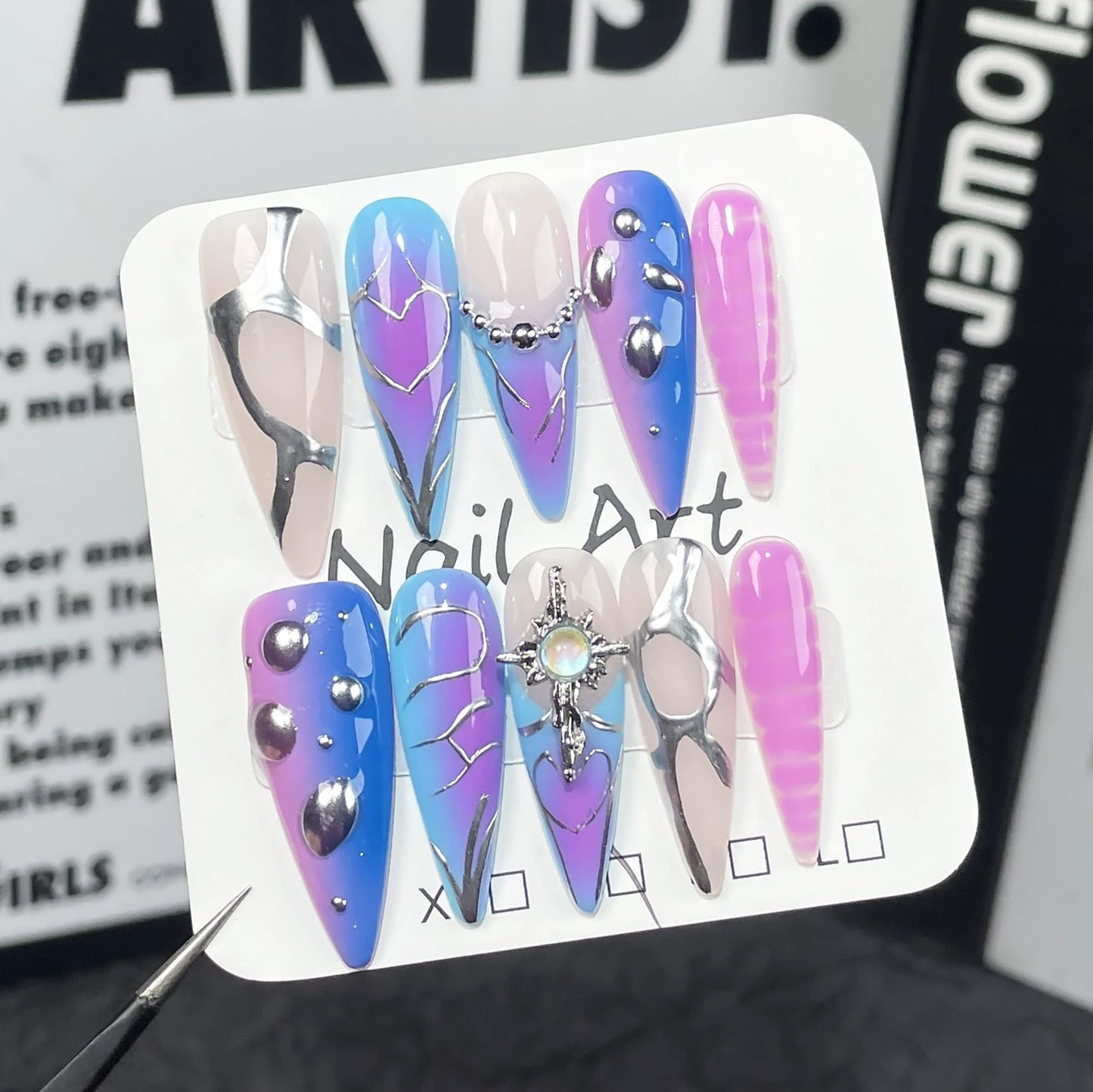10Pcs Blue Handmade False Nails Long Almond Press on Nails Ombre Fake Nails with 3D Swirl and Charms Design Acrylic Nails Press Ons Luxury Reusable Stick on Nail for Women (Size M)
