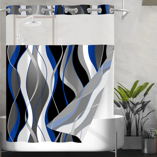 Nkzply No Hook Shower Curtain and Liner Set Blue Striped Shower Curtain with Snap in Liner Fabric Modern Black Grey Bathroom Set See Through Top Window Washable 71x74 Inch