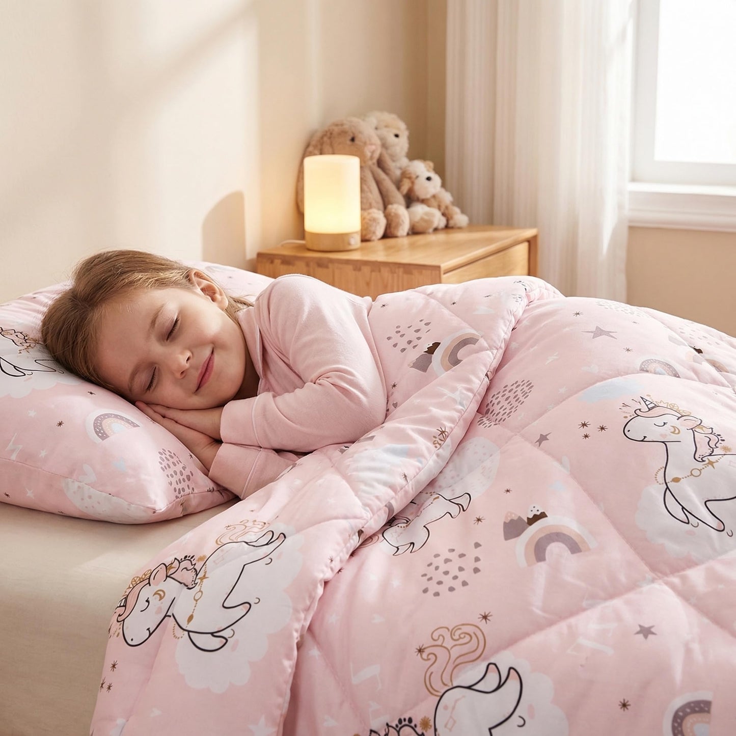 JSD Pink Unicorn Kids Comforter Set Full Size, 3 Piece Girls Rainbow Microfiber Comforter with Pillow Shams, Lightweight All Season Washable